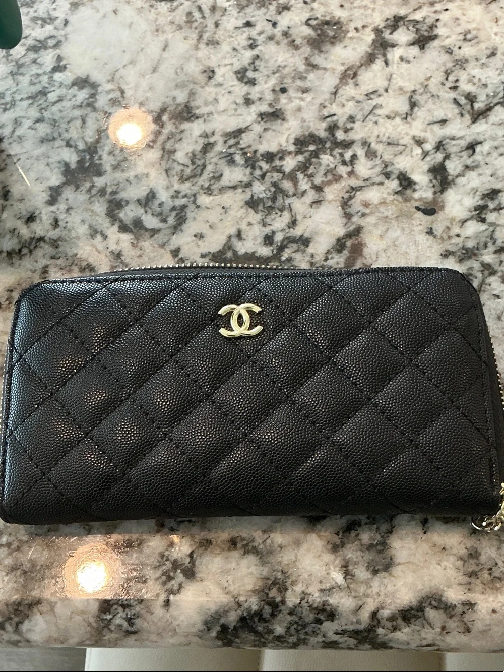 CHANEL Black Quilted Zip-Around Wallet with Gold CC Hardware